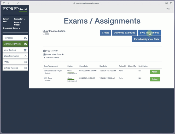 ExPrep Sync assignments popup menu highlighting the selection of assignments to be synced as the select to sync button.
