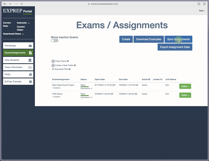 ExPrep Sync assignments popup menu highlighting the selection of assignments to be synced as the select to sync button.