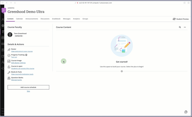 Blackboard Ultra homepage with callouts highlighting the steps Content, Details & Action, Build Tools, ExPrep Grader Launch