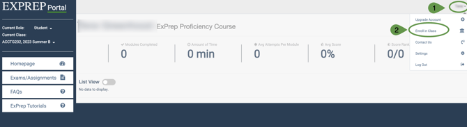 ExPrep portal highlighting 1. selection of name drop down menu 2. Enroll in a Class