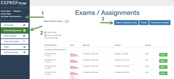 ExPrep Portal homepage with callouts highlighting 1. Selection of course 2. Exams/Assignments page 3. Export Assignment Data