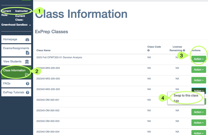 Missing ClassExPrep Portal homepage with callouts highlighting 1. Current Role 2. Class Information menu 3. class Action button 4. Swap to this class