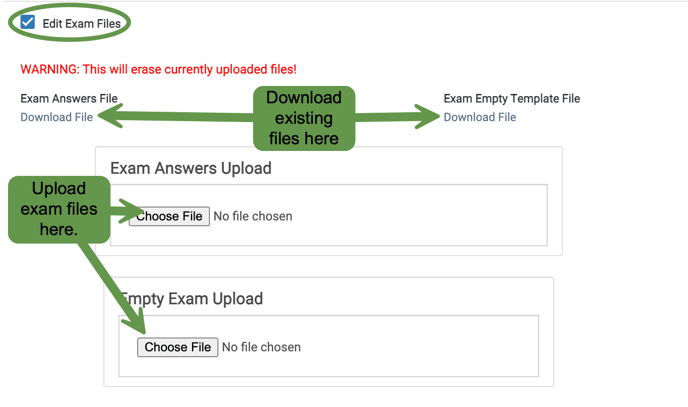 Assignment settings page highlighting "edit exam files" button selection, downloading existing files, uploading new files.
