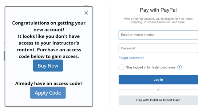 ExPrep purchase popup alongside the PayPal window that pops up after selecting "buy now".