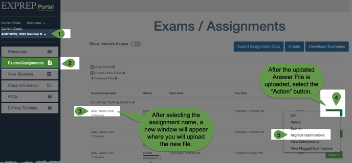 ExPrep Portal homepage with callouts highlighting 1. Selection of course 2. Exams/Assignments 3. Locating correct assignment 4. Action button 5. regrade submissions