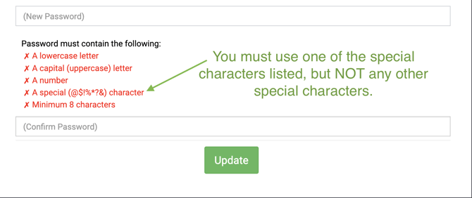 Reset password menu highlighting password requirements.