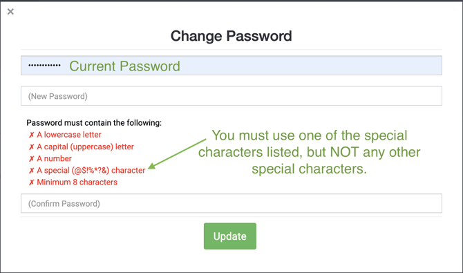Change password menu pointing out password requirements.