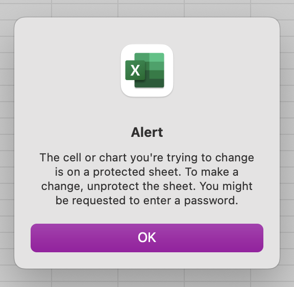 Excel alert message for protected sheet.