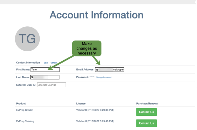 Account information where name fields are being changed.