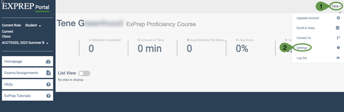 ExPrep Portal highlighting selection of 1. Name in upper right hand corner 2. Settings