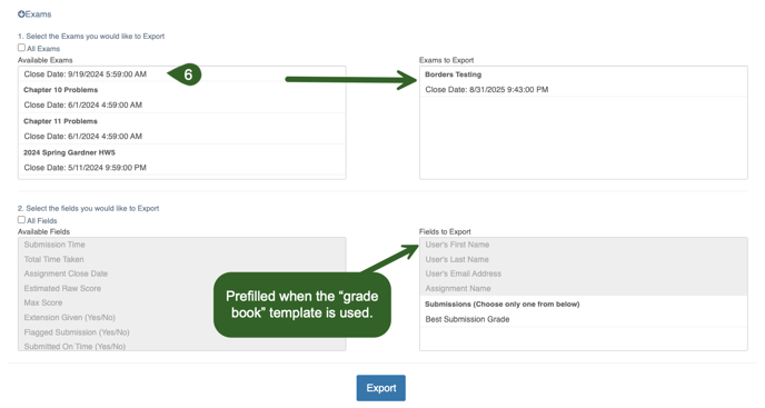 ExPrep Exam Export homepage with callouts highlighting 1. Selection of Exam 2. Fields to Export