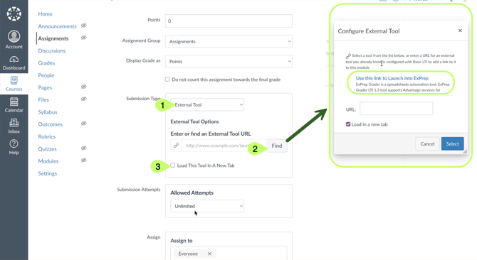 Canvas Assignment Settings page highlighting the selection of 1. External Tool as submission type 2. Using Find button 3. Selecting Load in a new tab. 4. selecting the ExPrep Grader Launch option in the find menu
