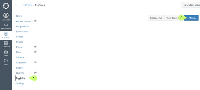 Canvas homepage highlighting the navigation to 1. modules 2. + module.