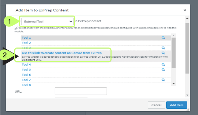 Canvas Add Item menu highlighting the selection of the 1. external tool from the first drop down 2. ExPrep Grader Launch from the list of tools.