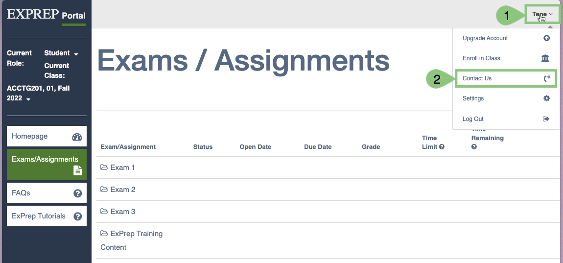 ExPrep Portal homepage highlighting 1. Name drop down 2. Contact Us