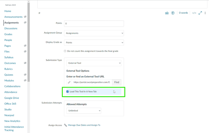 Canvas assignment screen with "load in a new tab" checked and highlighted with a green box.