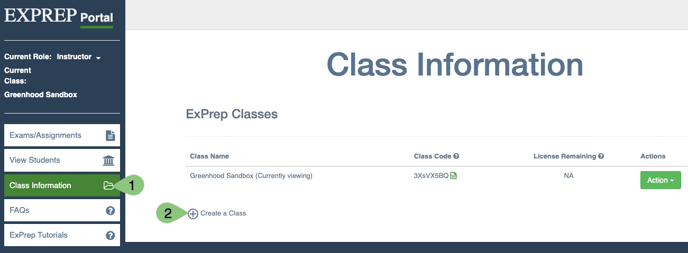 ExPrep Portal homepage with callouts highlighting 1. Class information menu button 2. Create a Class button