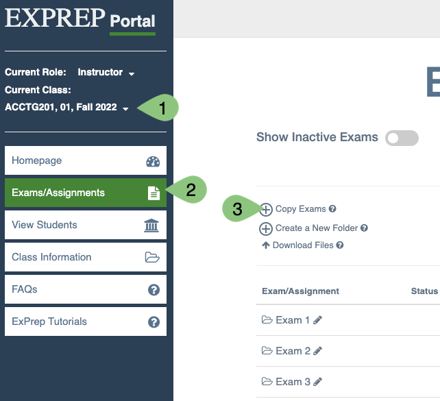 ExPrep Portal homepage with callouts highlighting 1. Course Selection 2. Exams / Assignments tab 3. Copy Exams button.