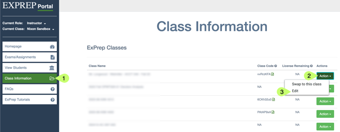 ExPrep Portal homepage with callouts highlighting 1. Class Information Tab 2. Class Action button 3. Edit