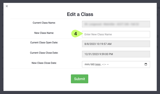 Edit class settings page highlighting "New Class Name"