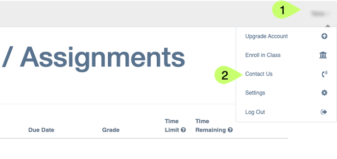 ExPrep Portal highlighting the selection of 1. user name in upper right hand corner 2. Contact Us button