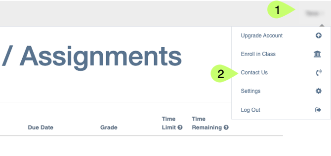 ExPrep Portal highlighting the selection of 1. user name in upper right hand corner 2. Contact Us button