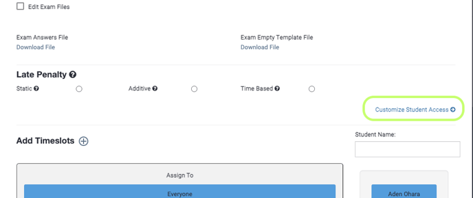 Assignment settings highlighting "customize student access" button.