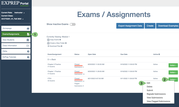 ExPrep Portal highlighting Assignments page, identifying an assignment, action menu, edit.