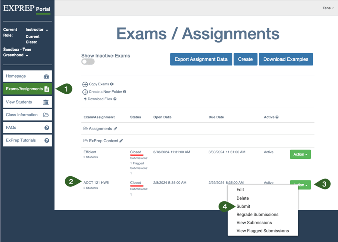 ExPrep Portal homepage with callouts highlighting 1. Exams/assignments tab 2. Proper assignment name 3. action button 4. submit