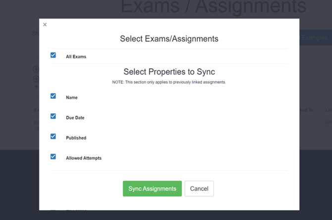 ExPrep Sync assignments popup menu highlighting the selection of assignments to be synced as the select to sync button.