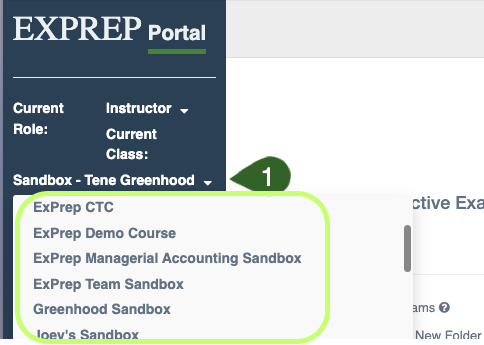 ExPrep Portal highlighting the use of the drop down menu next to "Current Class".