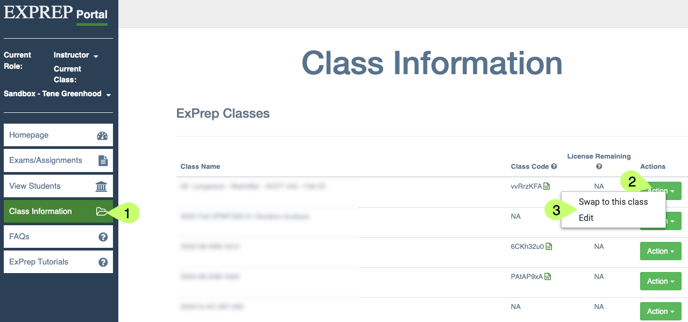 ExPrep Portal homepage with callouts highlighting 1. Class Information menu 2. Action button 3. Swap to this Class