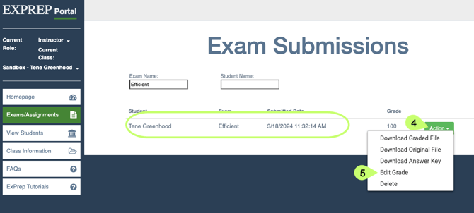 Submission view page highlighting 4. action button 5. edit grade