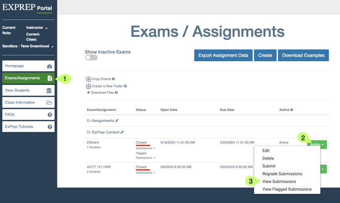 ExPrep Portal homepage with callouts highlighting 1. exams/assignments 2. action button 3. view submissions