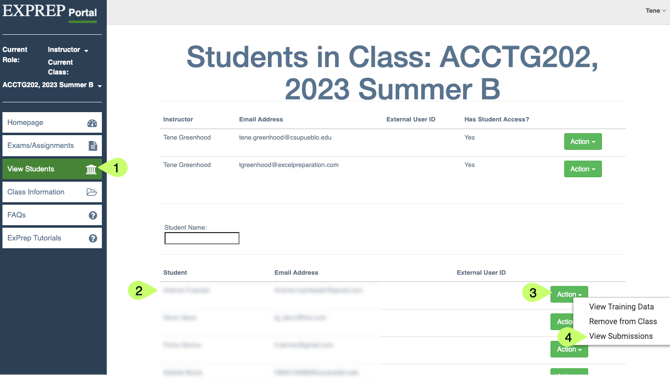 ExPrep Portal homepage with callouts highlighting 1.view students 2. locating student name 3. action button 4. view submissions