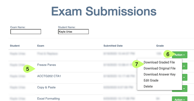 student submissions view highlighting 1. locating exam 2. action button 3. download graded file