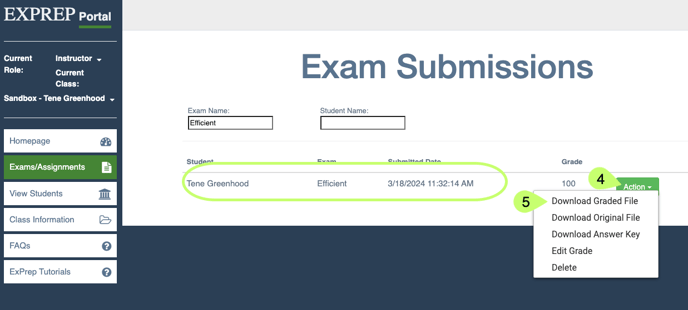 Submissions view highlighting action button, download graded file option