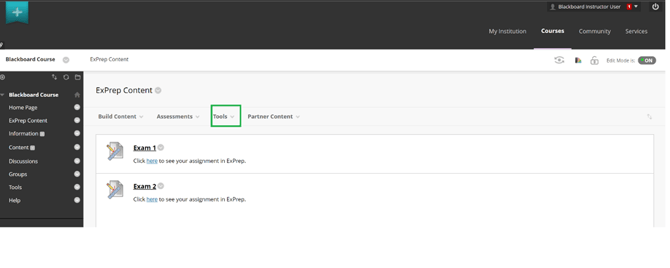Blackboard ExPrep Content page highlighting the selection of Tools.