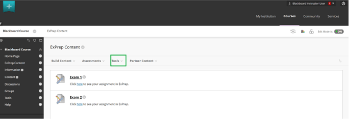 Blackboard ExPrep Content page highlighting the selection of Tools.