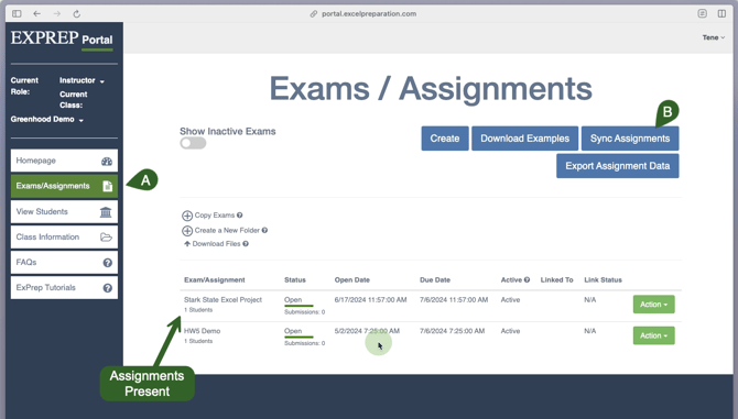 ExPrep home page with callouts highlighting Exams/Assignments tab, indicating the presence of assignments andSync Assignments button