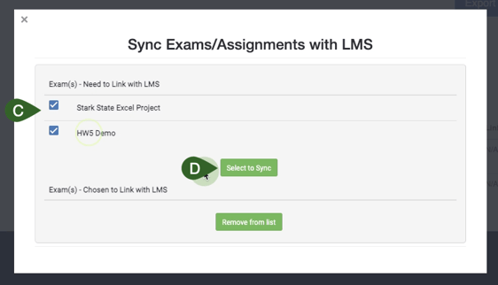 ExPrep Sync assignments popup menu highlighting the selection of assignments to be synced as the select to sync button.