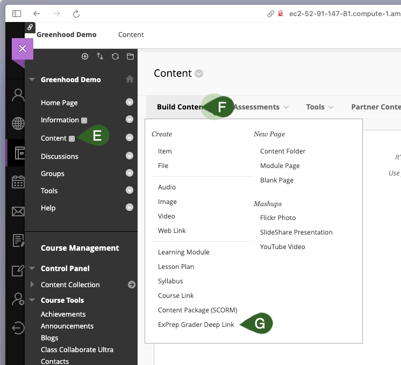 Blackboard Content menu image with callouts highlighting Content, Build Content, ExPrep Grader Deep Link