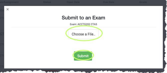 Submit screen highlighting 1. choose a file 2. Submit