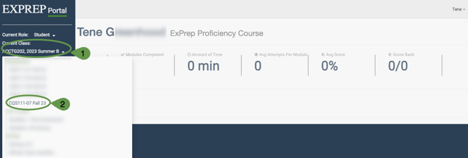 ExPrep portal homepage highlighting the selection of the "Current Class" dropdown and then selecting a different class name.