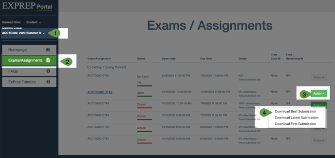 ExPrep Portal homepage with callouts highlighting 1. course selection 2.exams/assignments 3. action button 4. download submissions